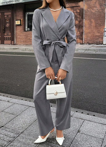 Комбинезон SHEIN комбинезон-брюки однотонный серый деловой, кэжуал полиэстер