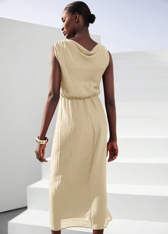 Кремовое коктейльное, кэжуал платье на запах SHEIN однотонное