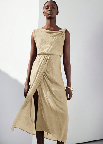 Кремовое коктейльное, кэжуал платье на запах SHEIN однотонное