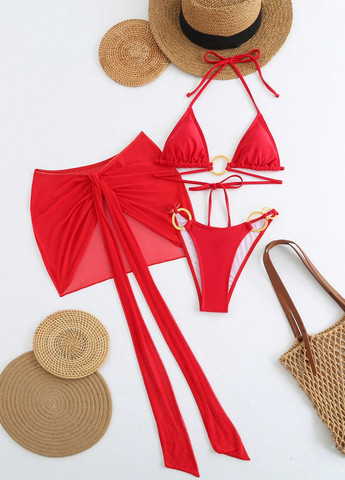 Красный летний купальник (лиф, трусики, парео) бикини, раздельный SHEIN