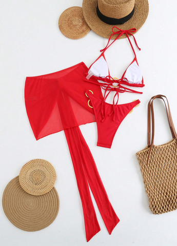 Красный летний купальник (лиф, трусики, парео) бикини, раздельный SHEIN