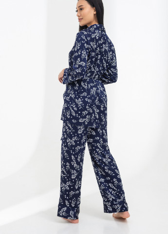 Синяя всесезон шелковый пижамный костюм брюки и жакет удлиненный рубашка + брюки German Volf