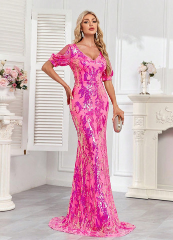 Рожево-лілова вечірня сукня годе SHEIN з орнаментом