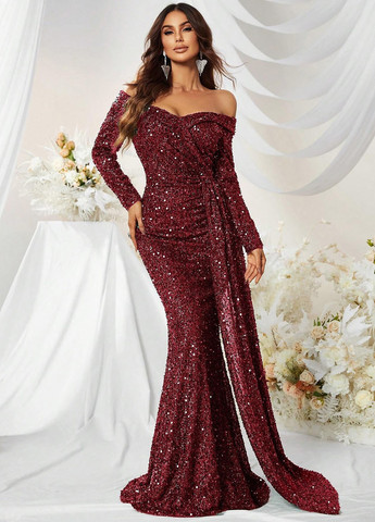 Бордова вечірня сукня зі шлейфом, годе, на запах SHEIN однотонна