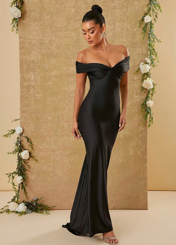Чорна вечірня сукня годе, з відкритими плечима, з відкритою спиною SHEIN однотонна
