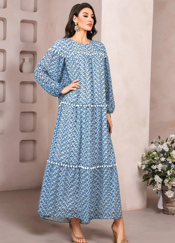 Синее кэжуал платье а-силуэт SHEIN с геометрическим узором