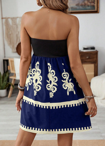 Синее кэжуал, пляжное платье бандо SHEIN с орнаментом