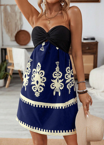 Синее кэжуал, пляжное платье бандо SHEIN с орнаментом