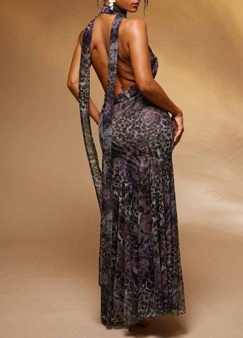 Темно-фиолетовое вечернее платье годе, с открытой спиной SHEIN леопардовый