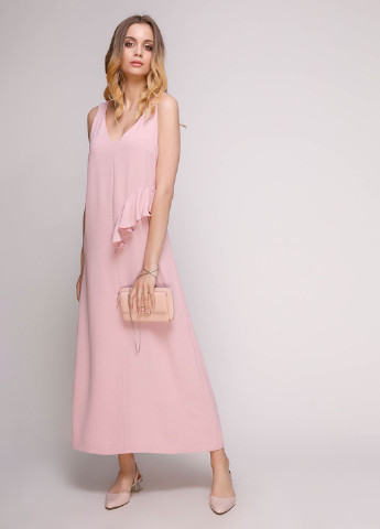 Розовое кэжуал платье волан миди лен креп 5 розовый Jet