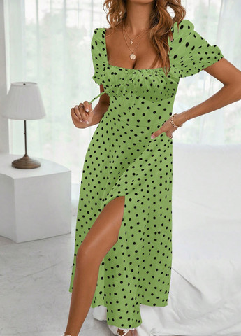 Зеленое кэжуал платье а-силуэт SHEIN в горошек