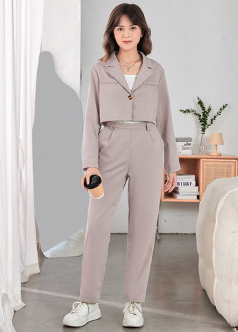 Светло-лиловый демисезонный костюм (жакет, брюки) брючный SHEIN