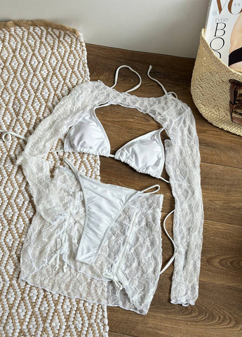 Молочний літній пляжний комплект жіночий (купальник, кроп-топ, спідниця) роздільний NOVA VEGA