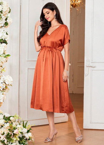 Оранжевое кэжуал, праздничный платье для беременных а-силуэт, клеш SHEIN однотонное