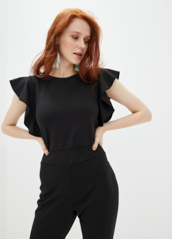 Стильний і універсальний приталений комбінезон з рукавами-крилами Astrid Черный Podium однотонний чорний кежуал