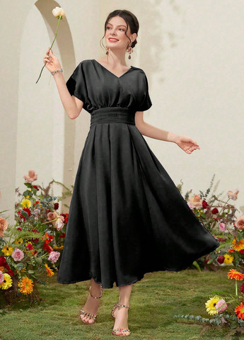 Черное кэжуал платье с юбкой-солнце, в стиле ампир SHEIN однотонное