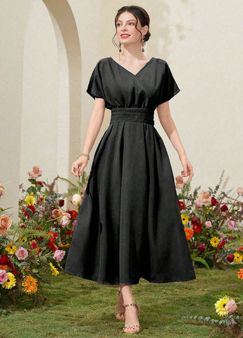 Черное кэжуал платье с юбкой-солнце, в стиле ампир SHEIN однотонное