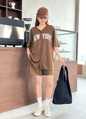 Коричневый летний костюм (рубашка, шорты) SHEIN