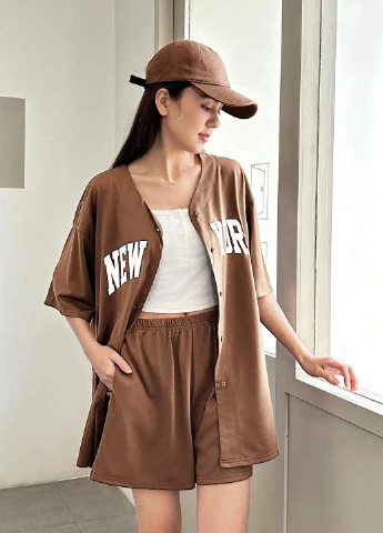 Коричневый летний костюм (рубашка, шорты) SHEIN