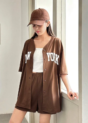 Коричневый летний костюм (рубашка, шорты) SHEIN