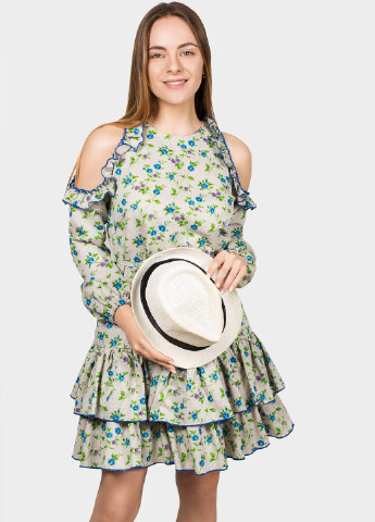 Серо-бежевое кэжуал платье а-силуэт O`zona milano с цветочным принтом