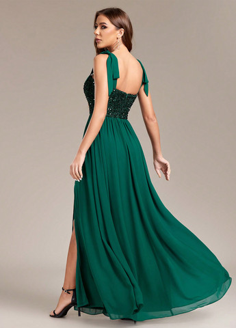 Темно-зеленое вечернее платье а-силуэт SHEIN однотонное