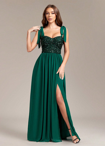 Темно-зеленое вечернее платье а-силуэт SHEIN однотонное