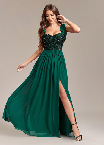 Темно-зеленое вечернее платье а-силуэт SHEIN однотонное