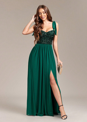 Темно-зеленое вечернее платье а-силуэт SHEIN однотонное