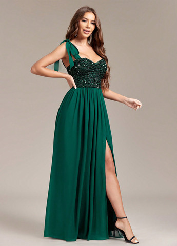 Темно-зеленое вечернее платье а-силуэт SHEIN однотонное