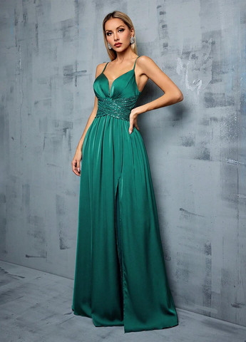 Морської хвилі вечірня сукня в стилі армпір, з відкритою спиною SHEIN однотонна