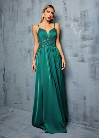 Морської хвилі вечірня сукня в стилі армпір, з відкритою спиною SHEIN однотонна