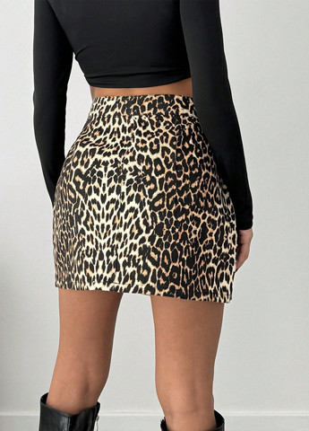 Разноцветная джинсовая, кэжуал леопардовая юбка SHEIN а-силуэта (трапеция)