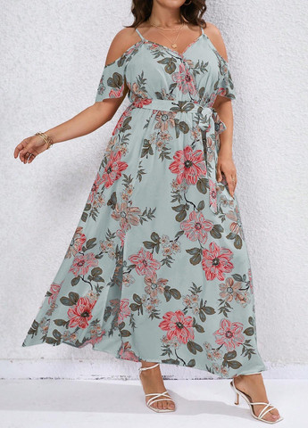 Комбінована кежуал сукня на запах, з відкритими плечима SHEIN з квітковим принтом