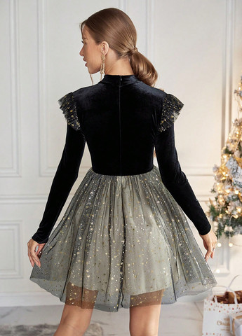 Черное вечернее платье клеш SHEIN колор блок