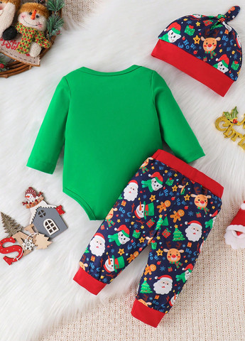 Зеленый зимний костюм (боди, брюки, шапочка) брючный SHEIN