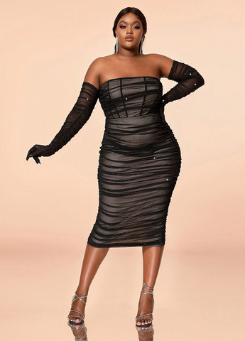 Чорна вечірня сукня з відкритими плечима, з відкритою спиною, бандо SHEIN однотонна