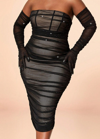 Чорна вечірня сукня з відкритими плечима, з відкритою спиною, бандо SHEIN однотонна