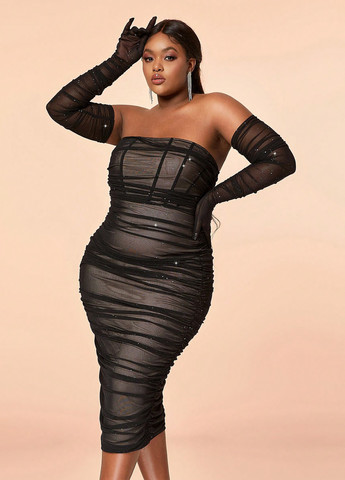 Чорна вечірня сукня з відкритими плечима, з відкритою спиною, бандо SHEIN однотонна