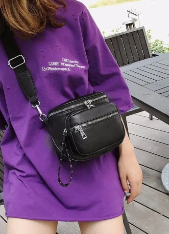 Женская классическая круглая сумка кросс-боди на широком ремне через плечо на три отдела черная No Brand (252971286)