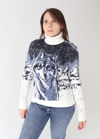 Білий зимовий жіночий светр зимовий з вовком білий Pulltonic Прямая