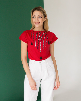 Червона літня жіноча футболка вишиванка "намисто" MEREZHKA