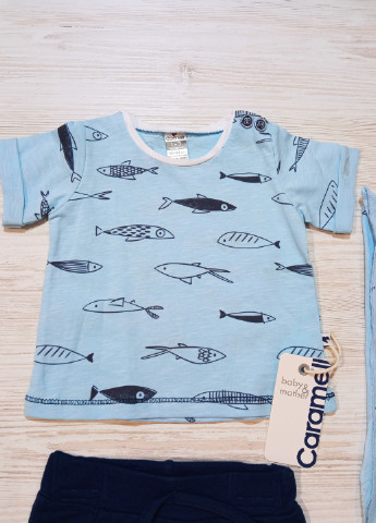 Блакитний літній комплект для хлопчика, футболка, шорти і бандана Caramell