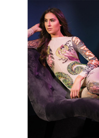Эротический комбинезон с чулочной ткани бодистокинг с тату принтом Japan Rone абстрактный бежевый откровенный