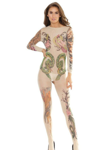 Эротический комбинезон с чулочной ткани бодистокинг с тату принтом Japan Rone абстрактный бежевый откровенный