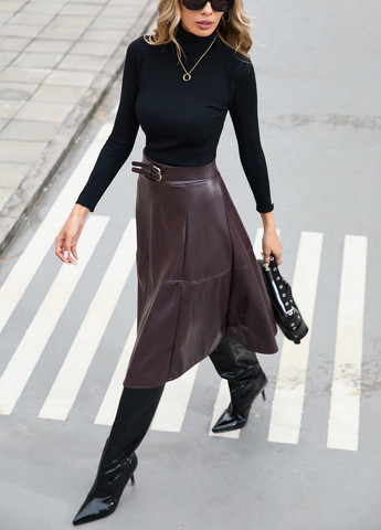 Бордовая кэжуал однотонная юбка SHEIN а-силуэта (трапеция)