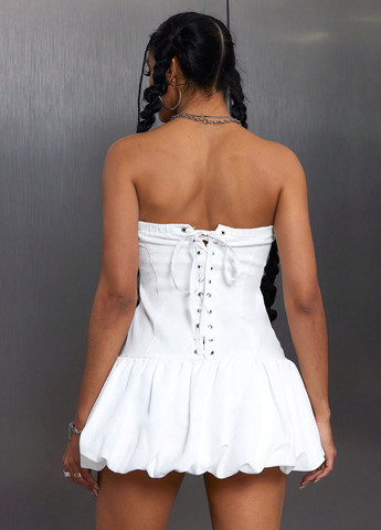 Белое кэжуал платье с корсетом, с открытыми плечами, баллон, с открытой спиной SHEIN однотонное