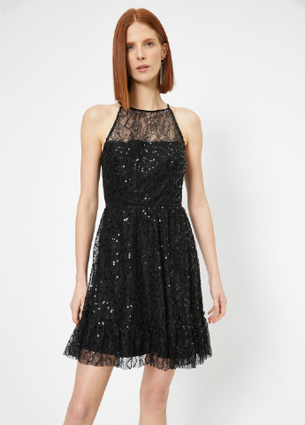 Чорна коктейльна плаття, сукня кльош KOTON з малюнком