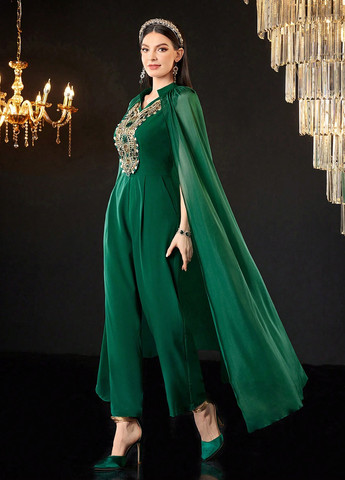 Комбинезон SHEIN комбинезон-брюки однотонный зелёный вечерний полиэстер