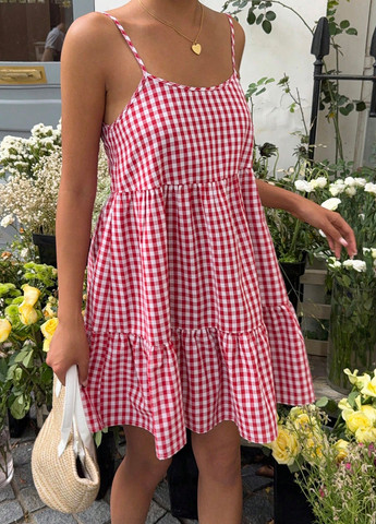 Червона кежуал сукня а-силует, з відкритими плечима, з відкритою спиною SHEIN в клітинку